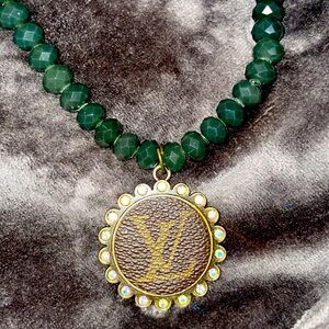 Jade green beads lv upcycled charm necklace